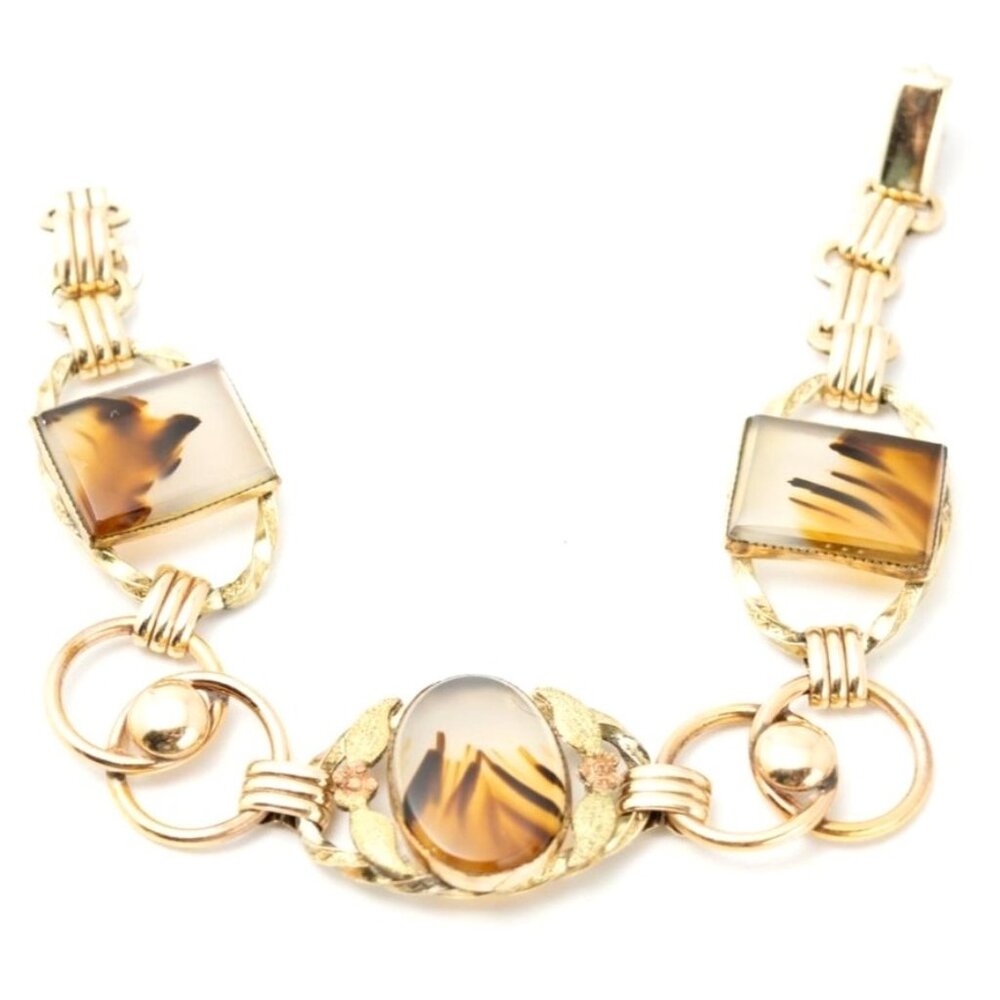 Vintage Gold-Filled Bracelet With Agate Cabochons & Art Deco Design